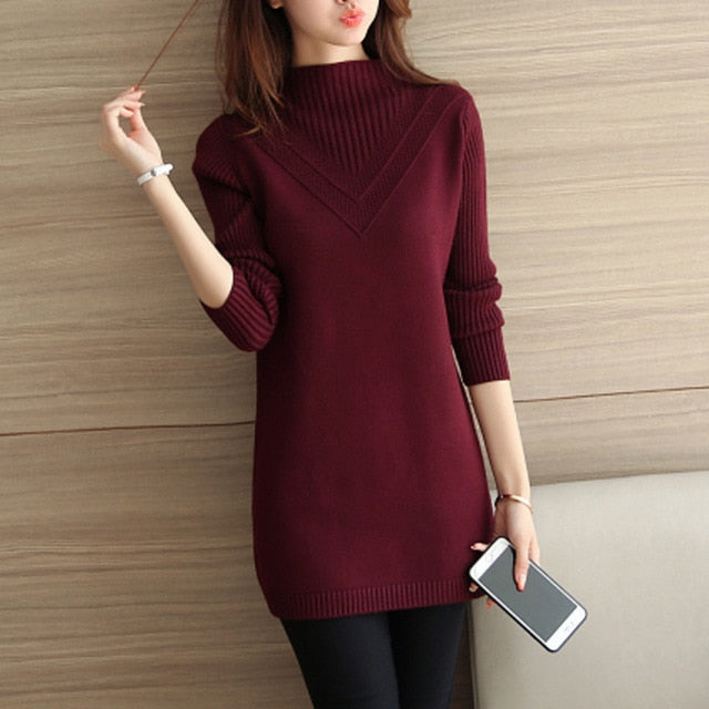 2019 DRL female sweater outerwear medium-long basic pullovers office lady sweater thickening solid color turtleneck Sweater