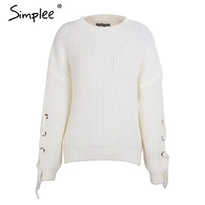 Simplee Casual o neck knitted sweater women jumper Lace up sleeve knitting pull femme 2019 autumn winter sweater pullover female