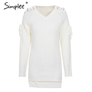 Simplee Casual o neck knitted sweater women jumper Lace up sleeve knitting pull femme 2019 autumn winter sweater pullover female