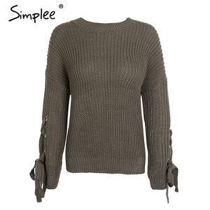 Simplee Casual o neck knitted sweater women jumper Lace up sleeve knitting pull femme 2019 autumn winter sweater pullover female