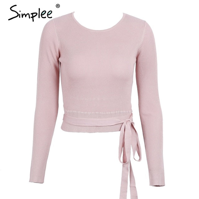 Simplee Casual tie up knitted sweater women Skinny slim knitting pull femme jumper Crop top winter sweater tricot pullover women