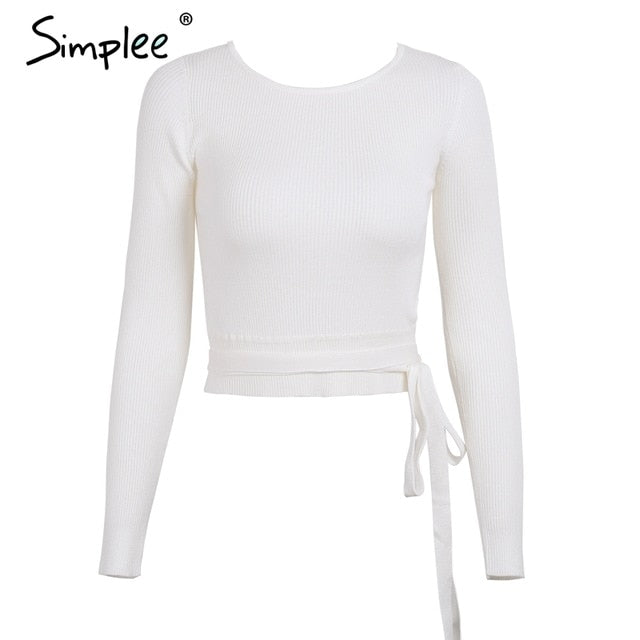 Simplee Casual tie up knitted sweater women Skinny slim knitting pull femme jumper Crop top winter sweater tricot pullover women