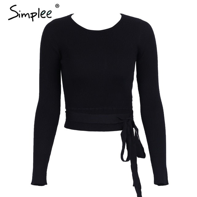 Simplee Casual tie up knitted sweater women Skinny slim knitting pull femme jumper Crop top winter sweater tricot pullover women