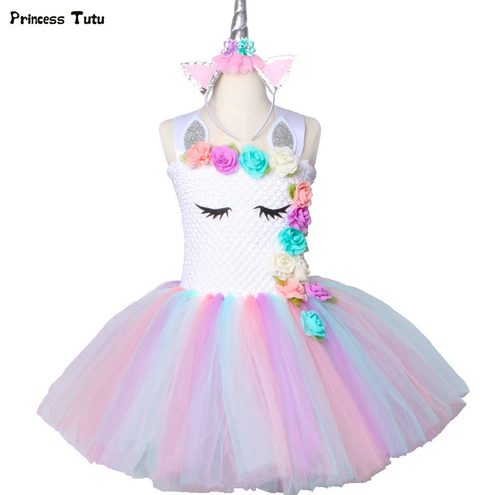 Flower Girls Unicorn Tutu Dress Pastel Rainbow Princess Girls Birthday Party Dress Children Kids Halloween Unicorn Costume 1-14Y