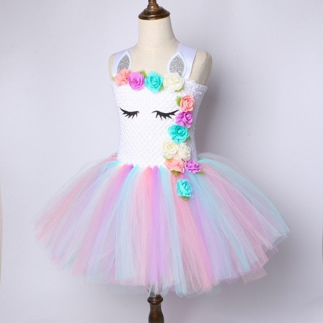 Flower Girls Unicorn Tutu Dress Pastel Rainbow Princess Girls Birthday Party Dress Children Kids Halloween Unicorn Costume 1-14Y