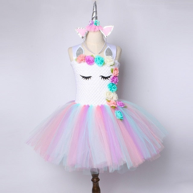 Flower Girls Unicorn Tutu Dress Pastel Rainbow Princess Girls Birthday Party Dress Children Kids Halloween Unicorn Costume 1-14Y